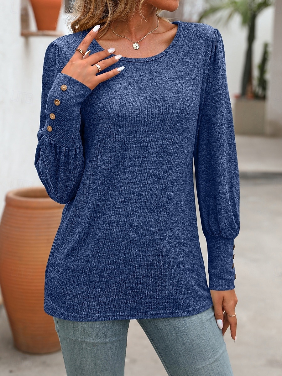 Dame Bluse Helfarge Stilfull Fritid Langermet Crew-hals Vanlige topper Daglig Knapper Svart Blå Fuksia Grønn Kakifarget Sommer Vår 2025 - $19.99 –P15