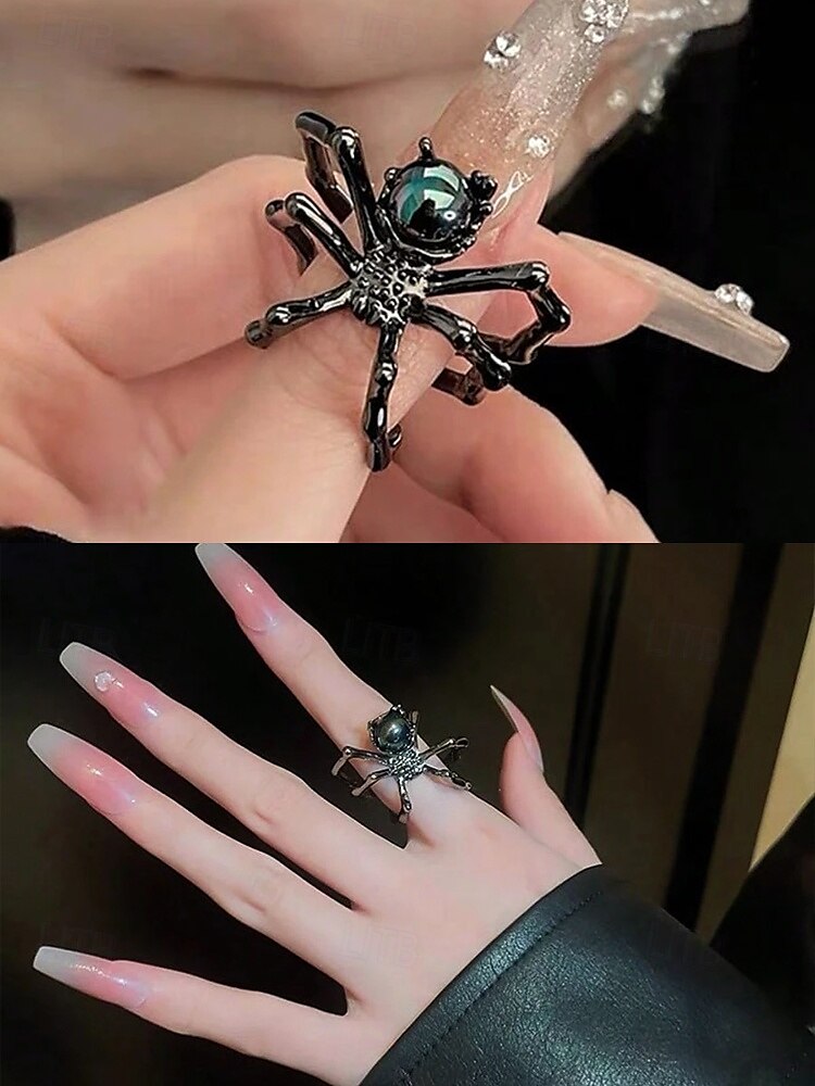 Set di anelli da donna a forma di ragno per Halloween: anelli in lega aperti regolabili con stile punk gotico, design a ragno con gemme bianche e nere per feste in maschera, cosplay e serate spettrali del 2025 a $7.99 –P6