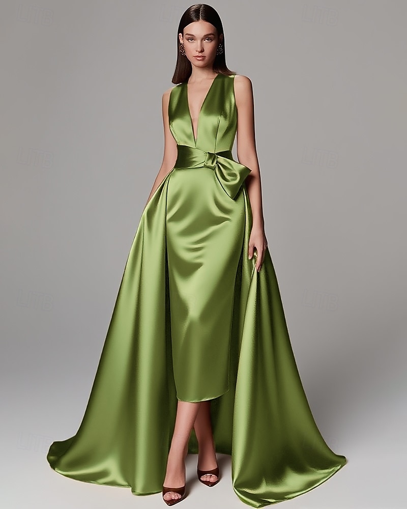 Rochie de seară elegantă, verde auriu, în linie A, rochie formală de nuntă, lungime până la podea, fără mâneci, decolteu în V, culoarea șampanie, rochie de seară pentru mama miresei, satin elastic cu 2025 - $137.99 –P6