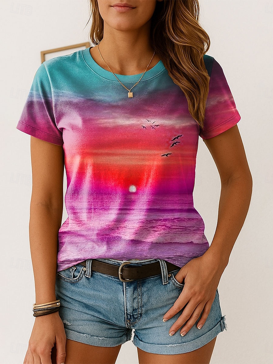 Femmes T-shirt A Ombre Graphique ancien Élégant Classique Manche Courte Col ras du cou Hauts Réguliers Quotidien Week-end Imprimé Rose Claire Bleu Violet Orange Été Printemps de 2025 ? $19.99 –P3
