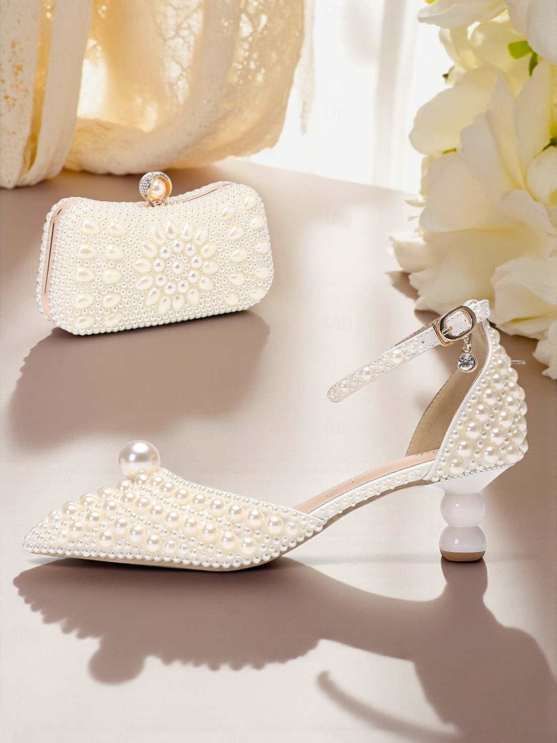 Set di scarpe da sposa da donna con pochette e decorazioni in perle: eleganti tacchi a spillo con cinturino alla caviglia, design con perline e borsa da sera abbinata, perfetti per matrimoni formali del 2025 a $89.99 –P9