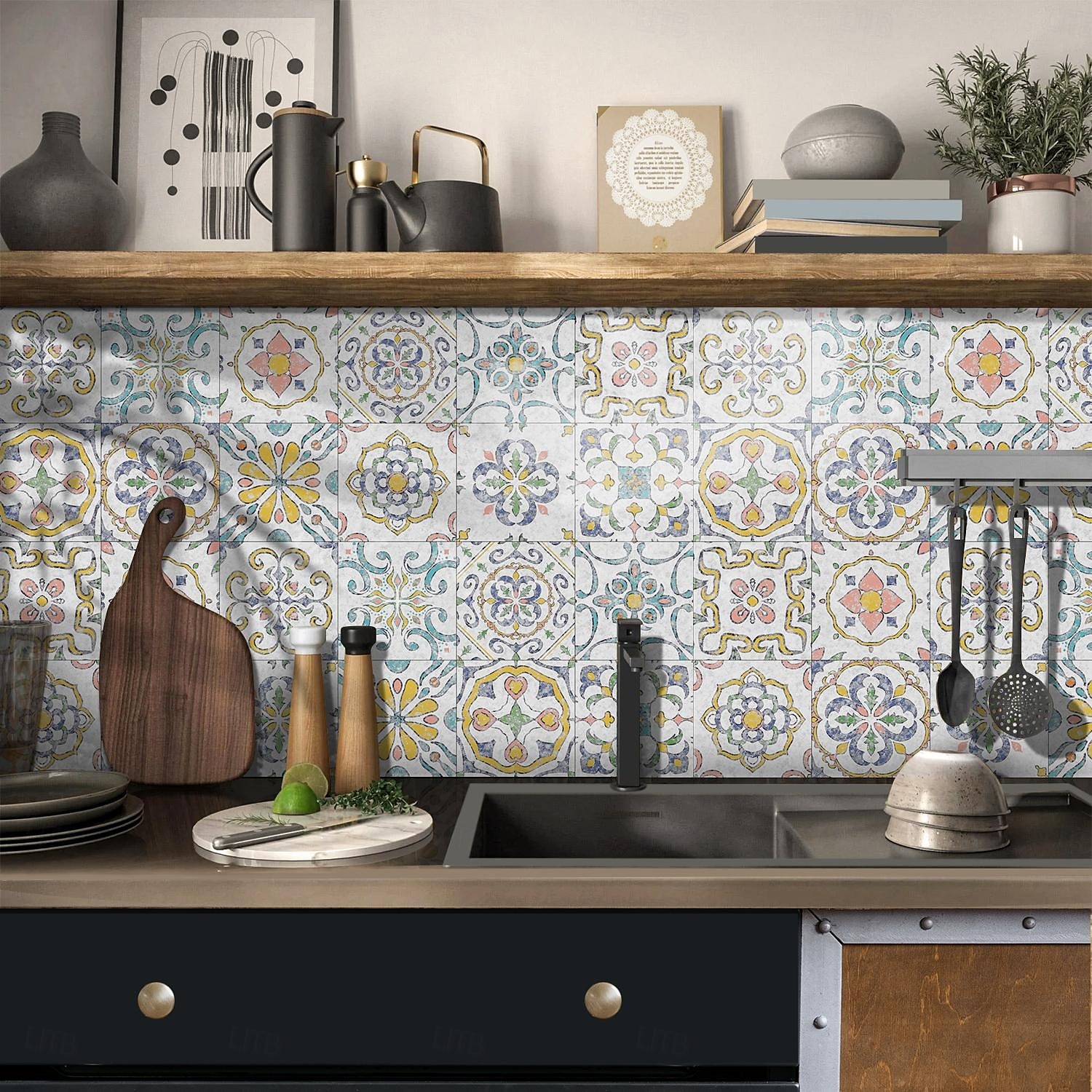 Adesivos de azulejo estilo marroquino 24 peças, decalques de parede de PVC com película de cristal espessada, à prova d'água &Decoração de parede de azulejo retrô removível e à prova de óleo para de 2025 por $10.99 –P4