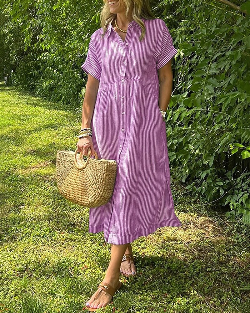Femmes Robe Longue Maxi Robe Robe Chemise Robe Décontractée Mode Extérieur Soirée Fête Coupe régulière Rayé Manche Courte Col de chemise Noir Blanche Jaune Rose Claire Été de 2025 ? $38.99 –P8