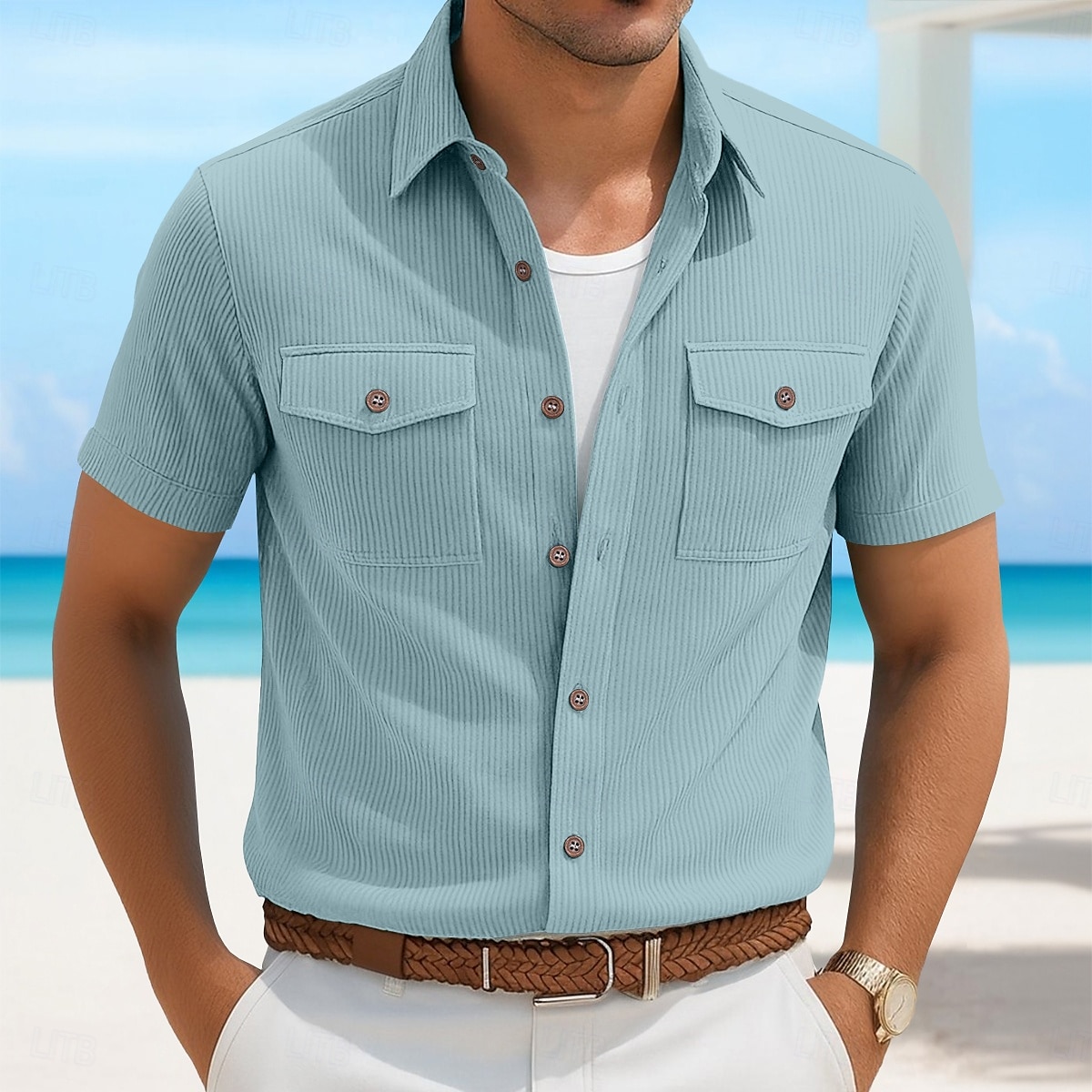 Herren Hemd Sommerhemd Freizeithemd Cordhemd Knopfhemd Cargohemd Schwarz Weiß Marineblau Himmelblau Kaki Kurzarm Streifen Revers Lässig Täglich Fronttasche Bekleidung Mode Lässig 2025 - $21.99 –P1