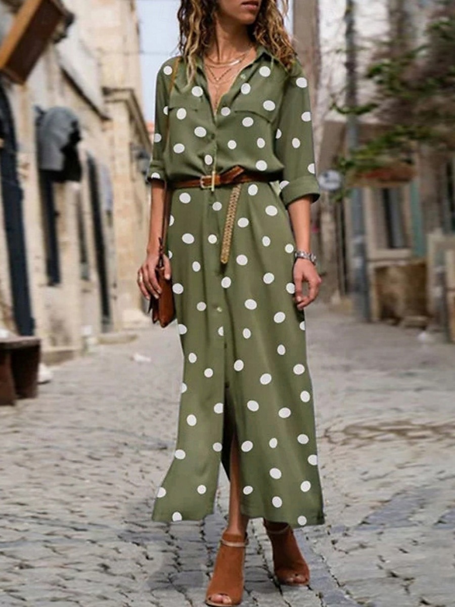 Femmes Robe maxi Robe fourreau Vacances Occasionnel Quotidien Coupe régulière À pois manche longue Col de chemise Vert militaire Noir Rouge Bleu Été Printemps de 2025 ? $26.99 –P4