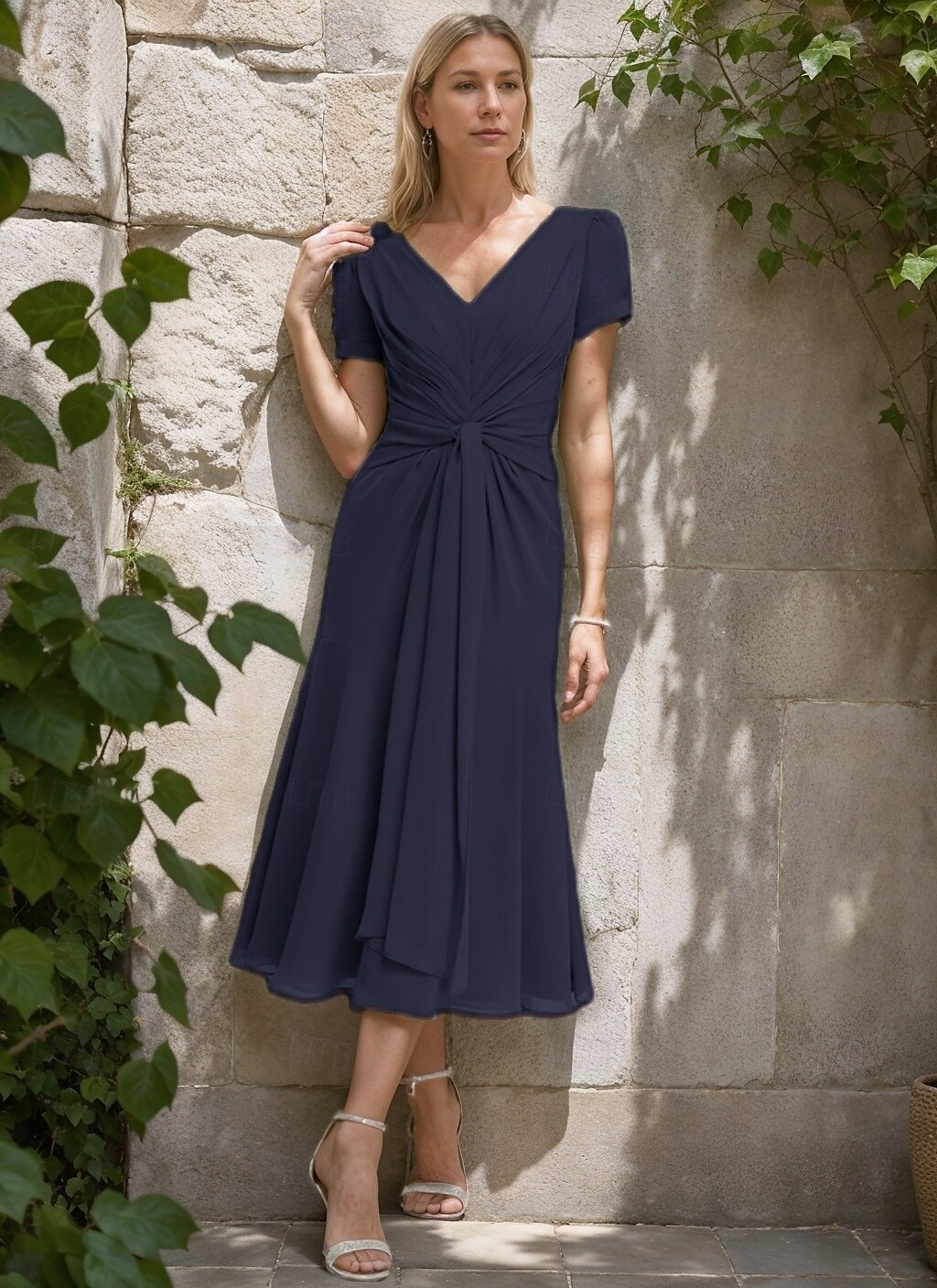 A-Line Mother of the Bride Dress Formal Wedding Guest Elegant Simple Minimalist V Neck Tea Length Chiffon Short Sleeve with Pleats Ruched 2025 - $125.99 –P10