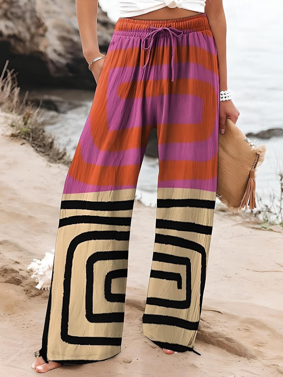 Femmes Culottes Jambe Large Jambe large Chinos Vacances ancien Style Ethnique Longueur complète Taille haute Graphique Dégradé Rayé Séchage Rapide Respirabilité Doux Non Elastique Formel Extérieur de 2025 ? $24.99 –P3