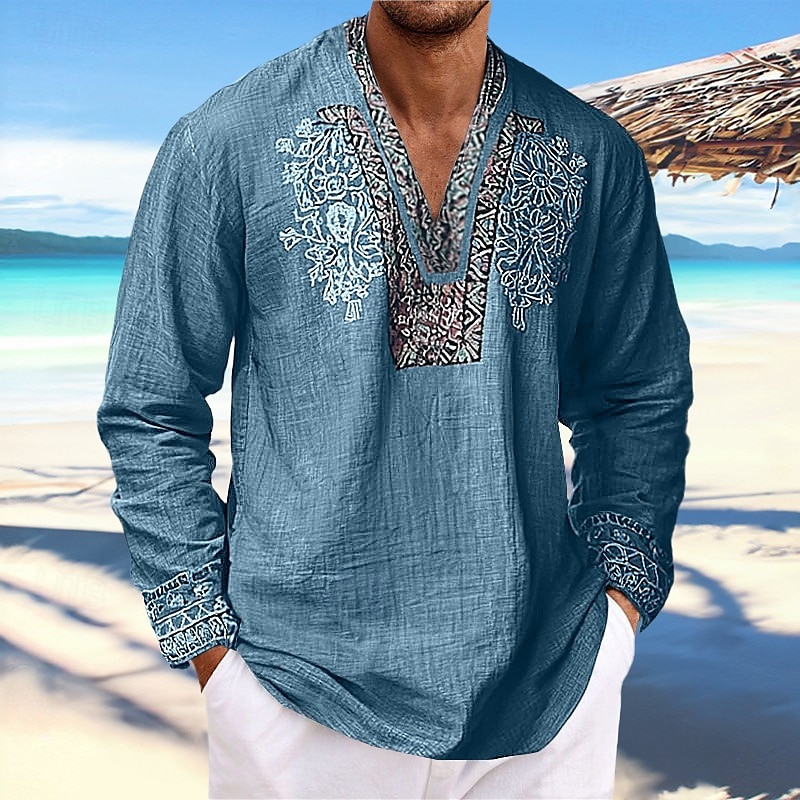 Męskie Koszula lniana Koszula Popover Letnia koszula Stroje plażowe Koszula w stylu vintage Koszula etniczna Kwiatowy Urlop Codzienny Żółty Niebieski Pomarańczowy Brązowy Długi rękaw W serek Lato 2026 - $23.99 –P9