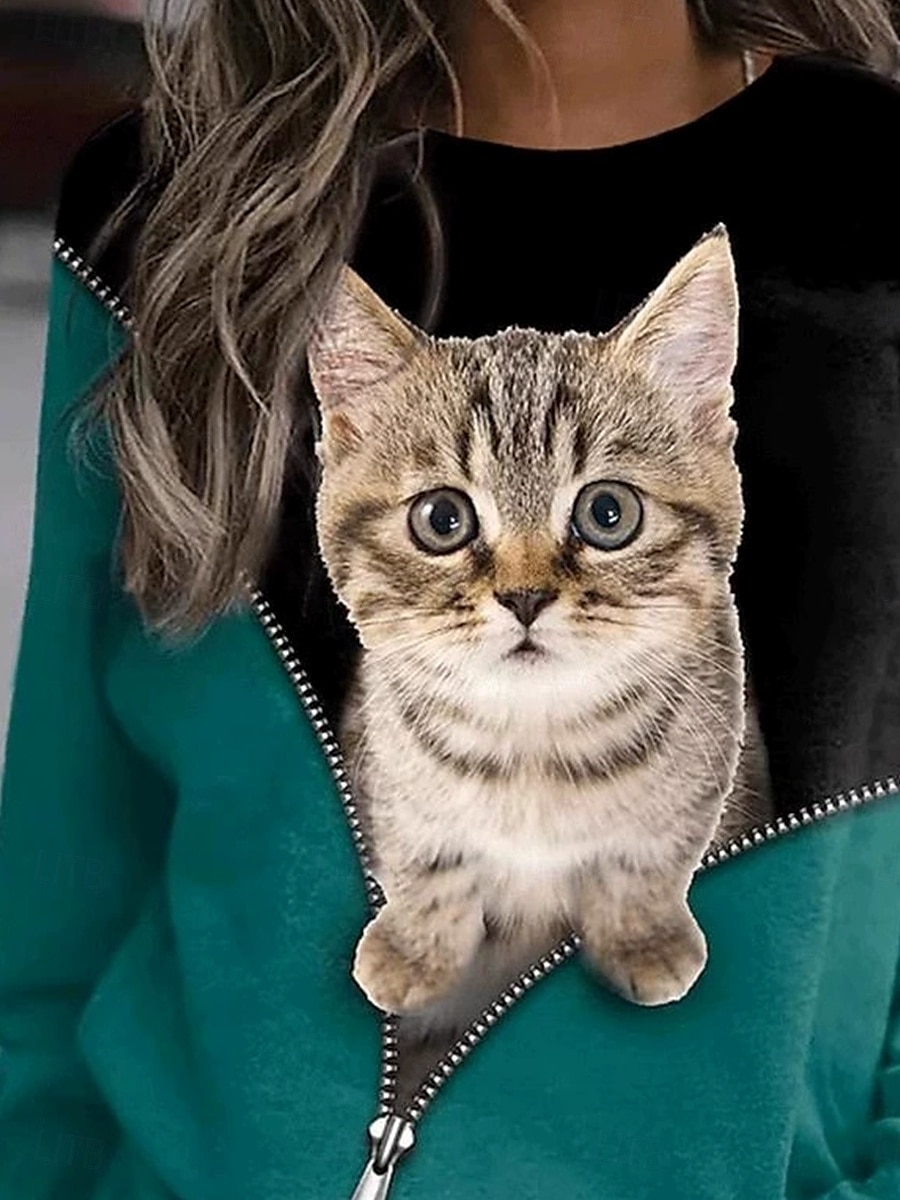 2025年 女性用 プルオーバースウェットシャツ フーディーズ グラフィック 動物 猫 ファッション カジュアル 長袖 クルーネック ラウンドネック レギュラートップス ストリート 日常着 プリント ダークグリーン 春 秋 冬  コレクション – $25.99 –P2