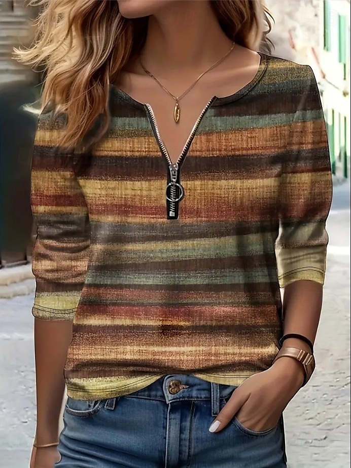 Femmes T-shirt Graphique Géométrique Rayé ancien Mode Élégant manche longue Col ras du cou Hauts Réguliers Quotidien Fermeture éclair Imprimé Jaune Rouge Bleu Vert Printemps Automne Hiver de 2025 ? $27.99 –P4