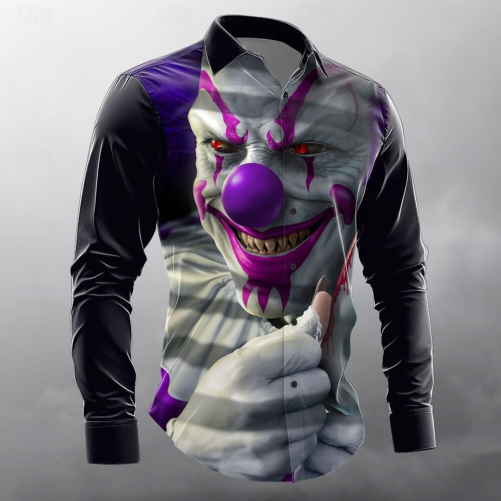 Voor heren Griezelige clown Clown Lach gezicht Overhemd Overhemd met knopen Lange mouw Donkere punkgotiek Feestdagen Streetwear Zomer Lente Strijkijzer 3D-afdrukken shirts met kraag Paars 2025 - $25.99 –P1