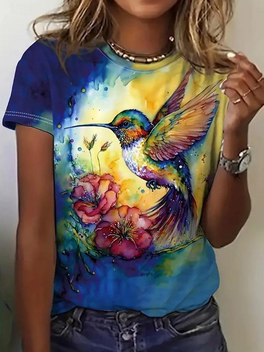 Damen T Shirt Grafik Vogel Vintage Mode Stilvoll Kurzarm Rundhalsausschnitt Normale Oberteile Täglich Druck Gelb Königsblau Blau Sommer Frühling 2025 - $21.99 –P3
