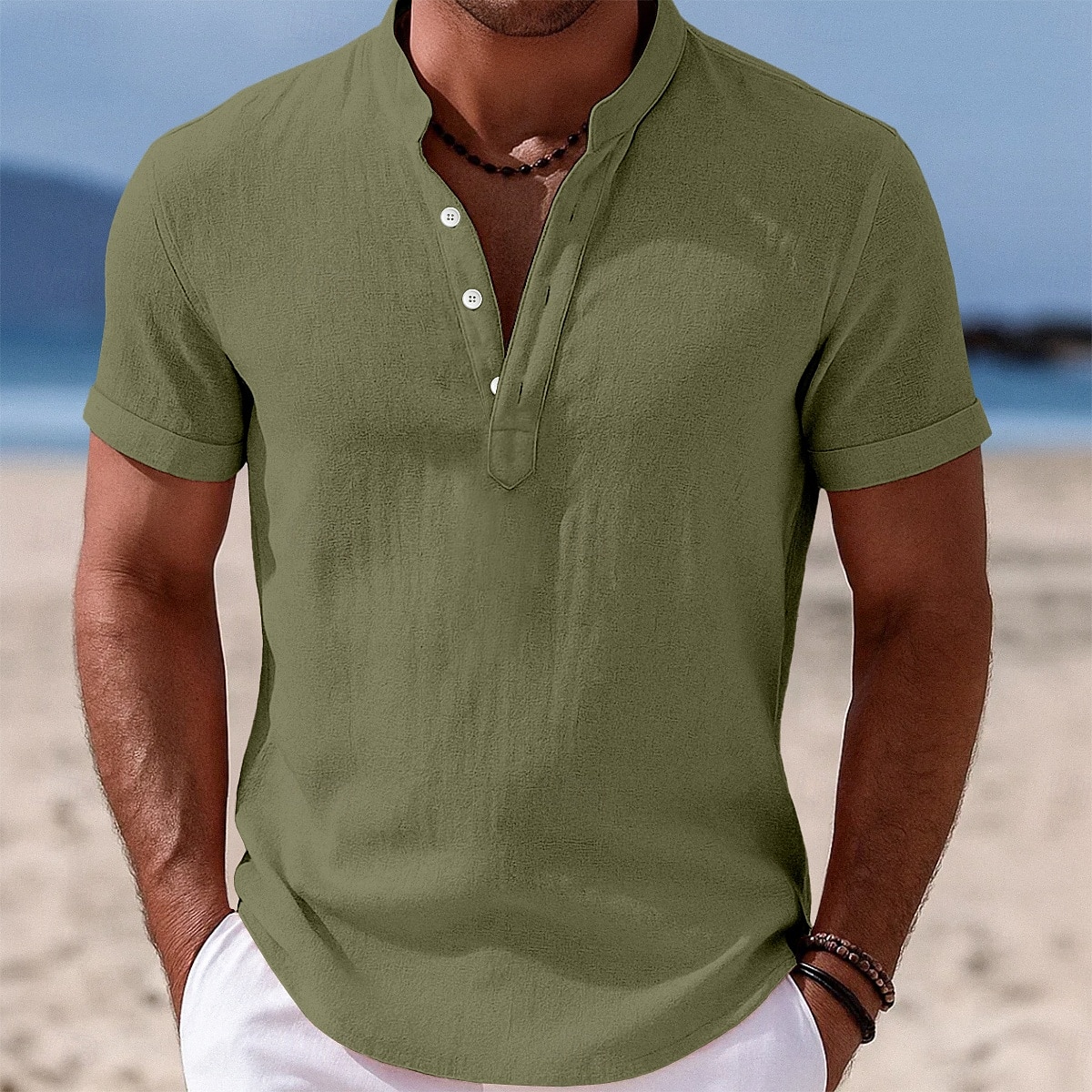 Herren Hemd Leinenhemd Stehkragenhemd Popover-Hemd Sommerhemd Strandbekleidung Einfach Urlaub Lässig Schwarz Weiß Gelb Rosa Kurzarm Stehkragen Sommer Bekleidung 2025 - $20.99 –P9