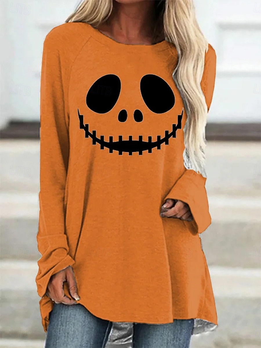 Damen T-Shirt Kürbis Langarm Grafik Geist Vintage Stilvoll Klassisch Langarm Rundhals Lange Oberteile Täglich Druck Weiß Rot Orange Frühling Herbst Vorherherbst 2026 - $26.99 –P1
