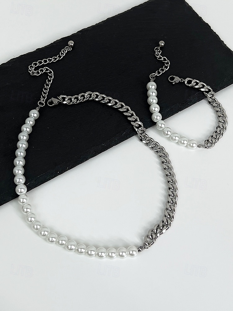 męski zestaw biżuterii z pereł i łańcuszków – modny naszyjnik i bransoletka z pół perły, pół metalu na styl uliczny, hip-hopowy i imprezowy 2026 - $9.99 –P6