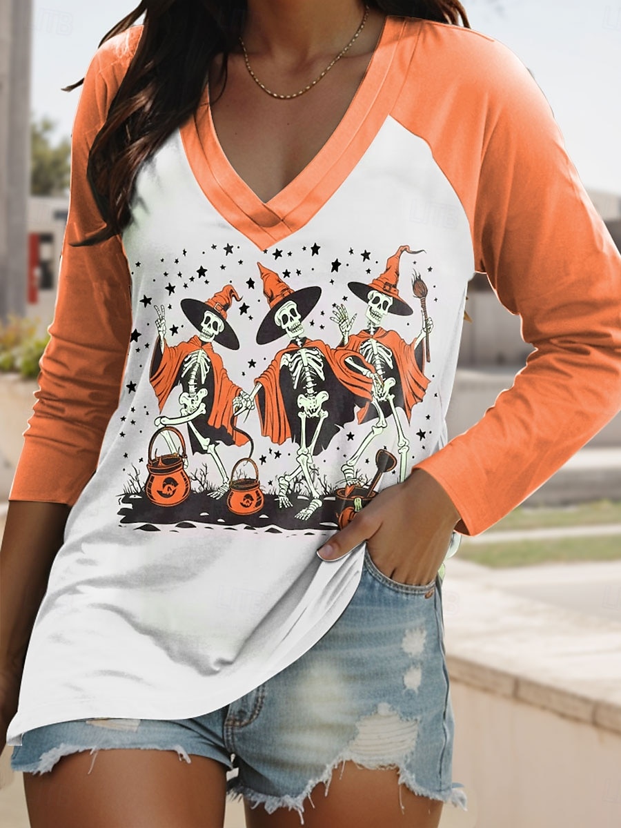 Halloween Femmes T-shirt Graphique Crâne ancien Élégant Classique manche longue Col en V Hauts Réguliers Quotidien Imprimé Rose Claire Bleu Violet Orange Vert Printemps Automne de 2025 ? $22.99 –P5