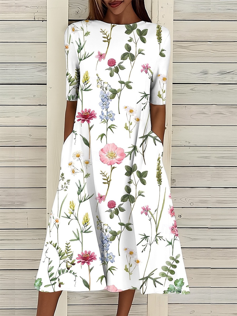 Per donna Abito Midi Vestito T-Shirt Abito a trapezio Abito Estivo Vacanza Casual Spiaggia Data Abito Estivo Vestibilità regolare Floreale Grafico Manica Corta Girocollo Bianco Rosa Blu Azzurro cielo del 2025 a $32.99 –P6