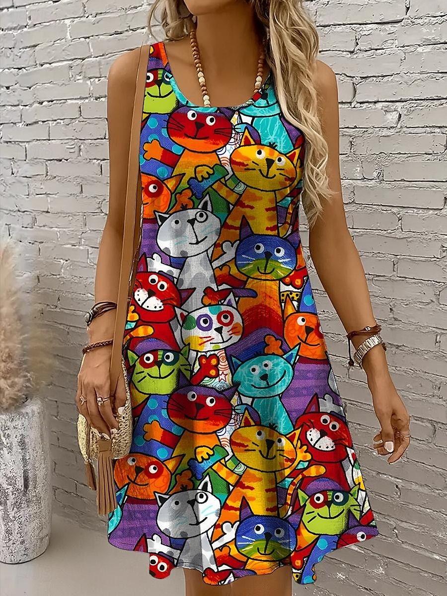 Mujer Mini vestido Vestido de verano Vestido de una línea Vestido con hombros descubiertos Vacaciones Casual Festivos Playa Ajuste regular Graphic Gato Sin Mangas Cuello Barco Amarillo Rojo Azul 2025 - $21.99 –P1