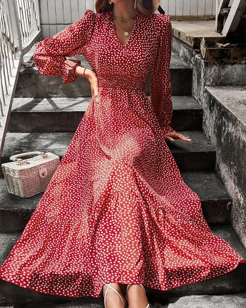 Damen Langes Kleid Maxikleid Freizeitkleid Druckkleid Mode Modern Täglich Strand Wochenende Normale Passform Blume Langarm V Ausschnitt Schwarz Rote Blau Grün Sommer Frühling Herbst 2025 - $23.99 –P10