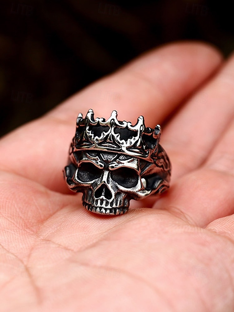 Herrenring aus Edelstahl mit Totenkopf und Krone – Gothic-Punk-Stil, robustes Heavy-Metal-Design, ideal für Halloween-Partys, Cosplay und Rockkonzerte 2025 - $11.99 –P3