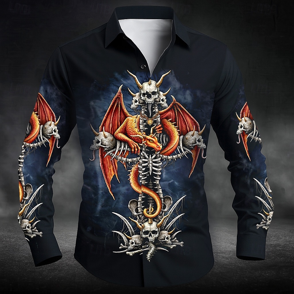 Dragon's Cross by Sarah Richter Men's Skull Dragon Button Up Shirt Long Sleeve Designer Shirt Limited Artist Edition 2025 - $25.99 –P1