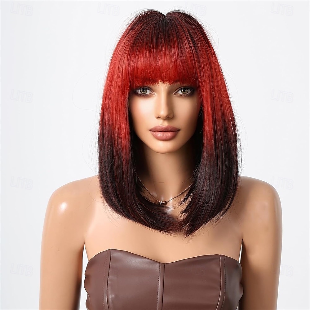 Parrucche bob nere e rosse con frangia, parrucche corte rosse e nere per donne nere, parrucca sintetica da 16 pollici, parrucche per cosplay, parrucche per feste di Halloween. del 2025 a $24.99 –P2