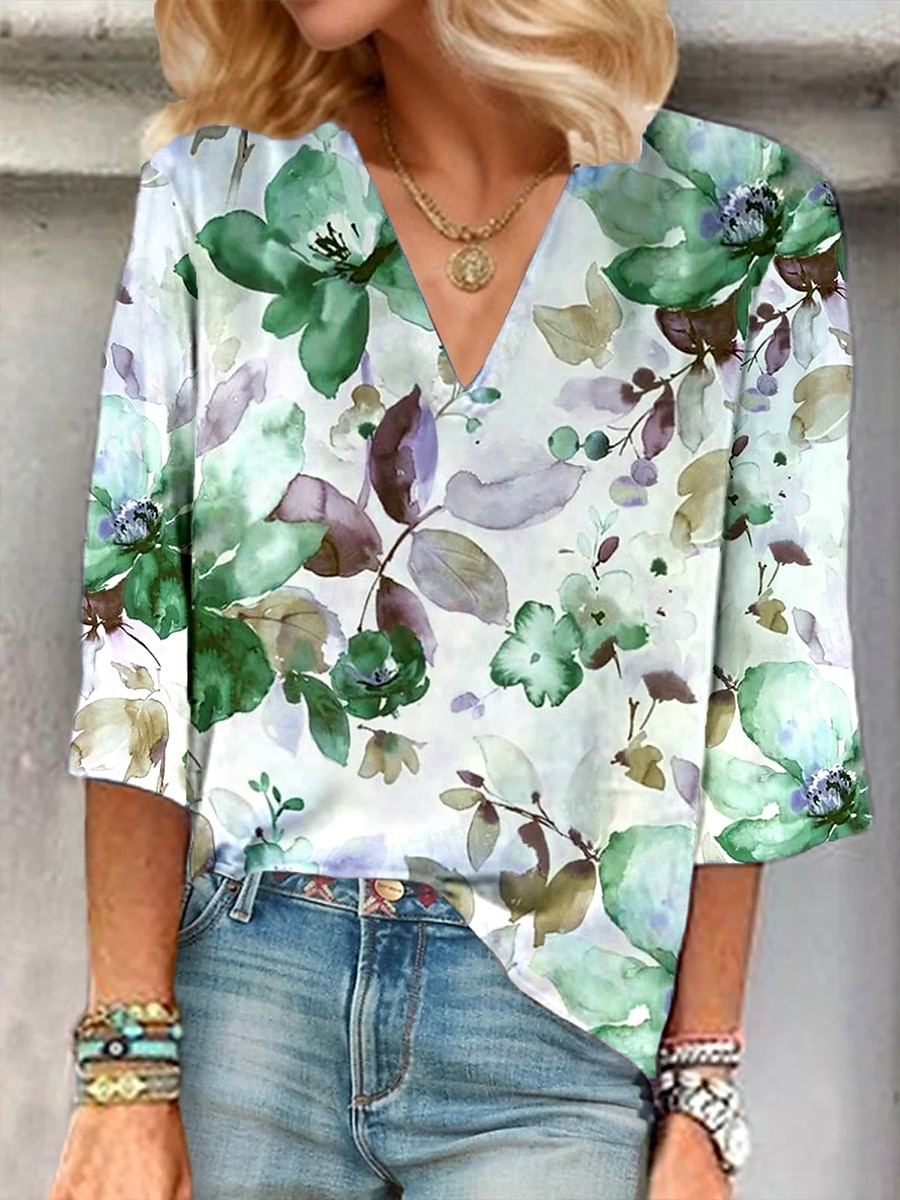 Damenbluse Button-Down Floral Grafik Elegant Stylisch Basic 3/4-Langarm V-Ausschnitt Reguläre Oberteile Täglich Urlaub Ausgehen Druck Weinrot Lila Grün Sommer Frühling 2025 - $25.99 –P4