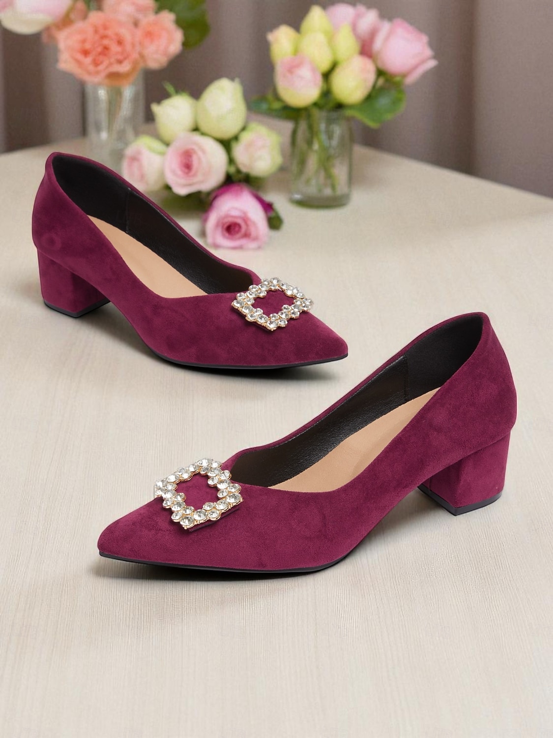 Zapatos de tacón de bloque de ante burdeos para mujer con hebilla de diamantes de imitación: elegantes zapatos de vestir de estilo retro para mujer, ideales para la oficina, bodas y fiestas. 2025 - $34.99 –P2
