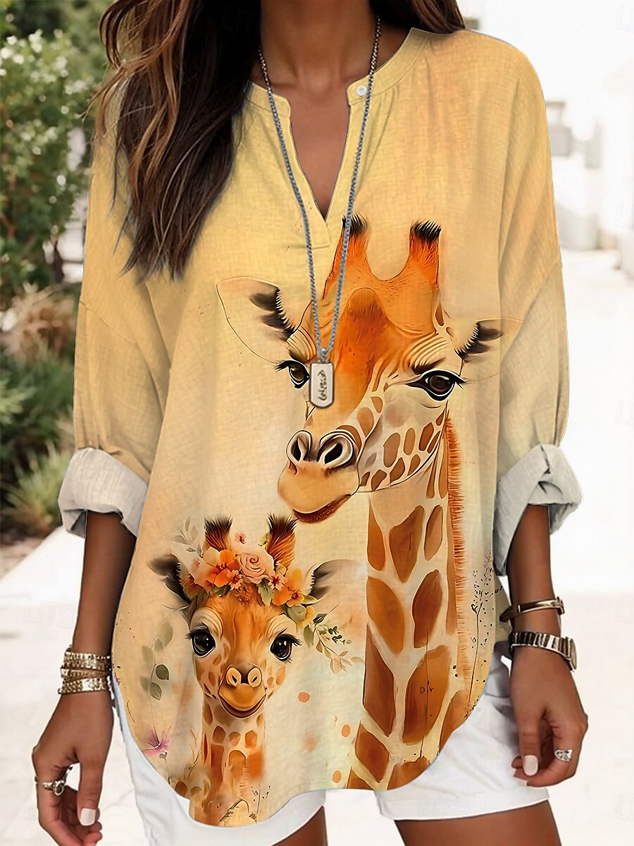 Dames Blouse Grafisch dier Elegant Stijlvol Modern Lange mouw V-hals Normale tops Dagelijks Feestdagen Afdrukken Geel blauw Khaki Regenboog Zomer Lente 2025 - AU $44.19 –P3