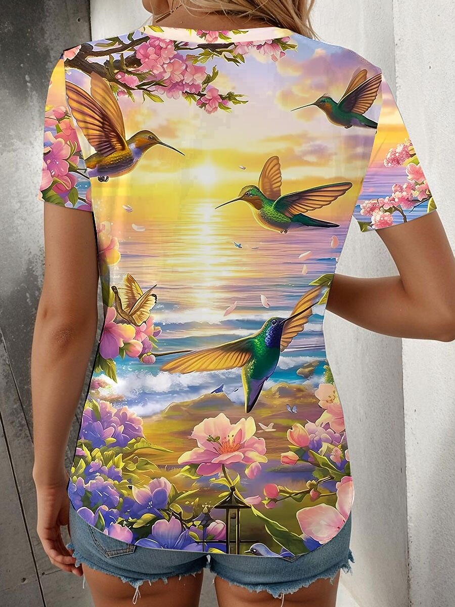 Femmes T-shirt Fleuri Graphique Oiseau ancien Élégant Classique Manche Courte Col ras du cou Col rond Hauts Réguliers Quotidien Week-end Imprimé Jaune Rose Claire Bleu Vert Été Printemps de 2025 ? $19.99 –P2