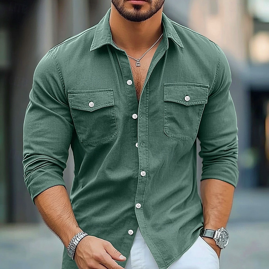 Herren Hemd Strandbekleidung Freizeithemd Knopfhemd Einfach Urlaub Lässig Schwarz Braun Grün Grau Langarm Revers Sommer Frühling & Sommer Bekleidung Knöpfe 2025 - $25.99 –P5