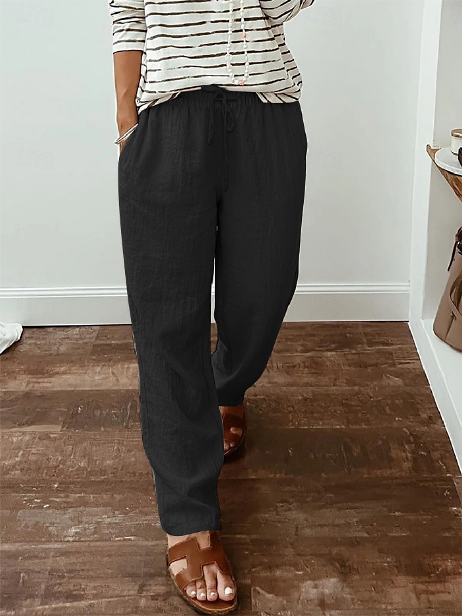 Mulheres Calças de linho de algodão Calças Roupa de rua Casual Longas Cintura Alta Tecido Bolsos Design de cordão elástico Corte alto Respirabilidade Macio Micro-Elástica Rua Roupa Diária Preto de 2025 por $24.99 –P4