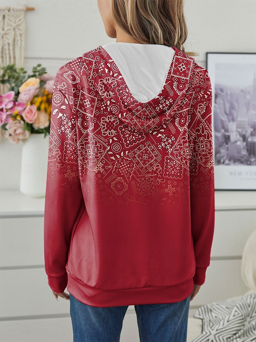 Kvinnors dragkedja hoodie grafisk geometrisk paisley mode avslappnad lång ärm huva vanlig toppar gata dagliga kläder ficka tryck röd blå lila grön vår höst 2025 - $27.99 –P2