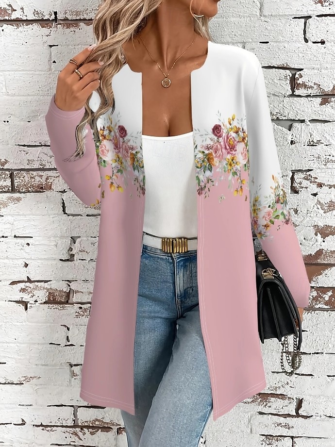Dam Vardaglig jacka Bekväm Andningsfunktion Ficka Elegant Ledigt Blommig Ledigt Dagliga kläder Öppen front Lång Rund halsringning Normal Långärmad Ytterkläder Rodnande Rosa Blå Vår Höst 2025 - $27.99 –P4