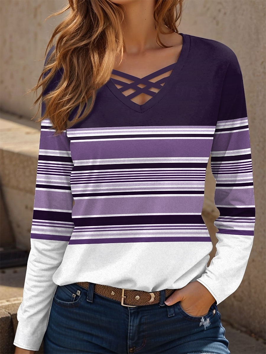 Femmes T-shirt Graphique Géométrique ancien Élégant Classique manche longue Col en V Hauts Réguliers Quotidien Découpé Imprimé Bleu Violet Vert Printemps Automne de 2025 ? $22.99 –P3