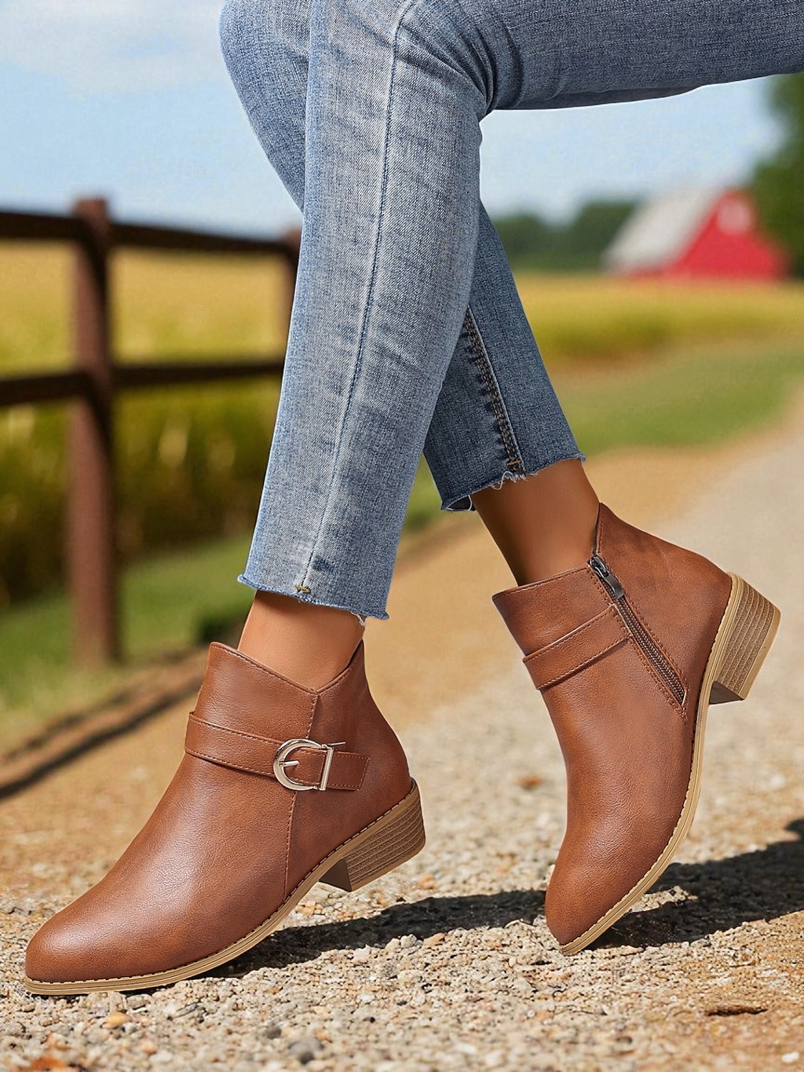 Botines marrones de piel sintética para mujer: botines de tacón bajo con hebilla y cremallera lateral para salidas de otoño, paseos por el campo y uso diario. 2025 - $26.99 –P5