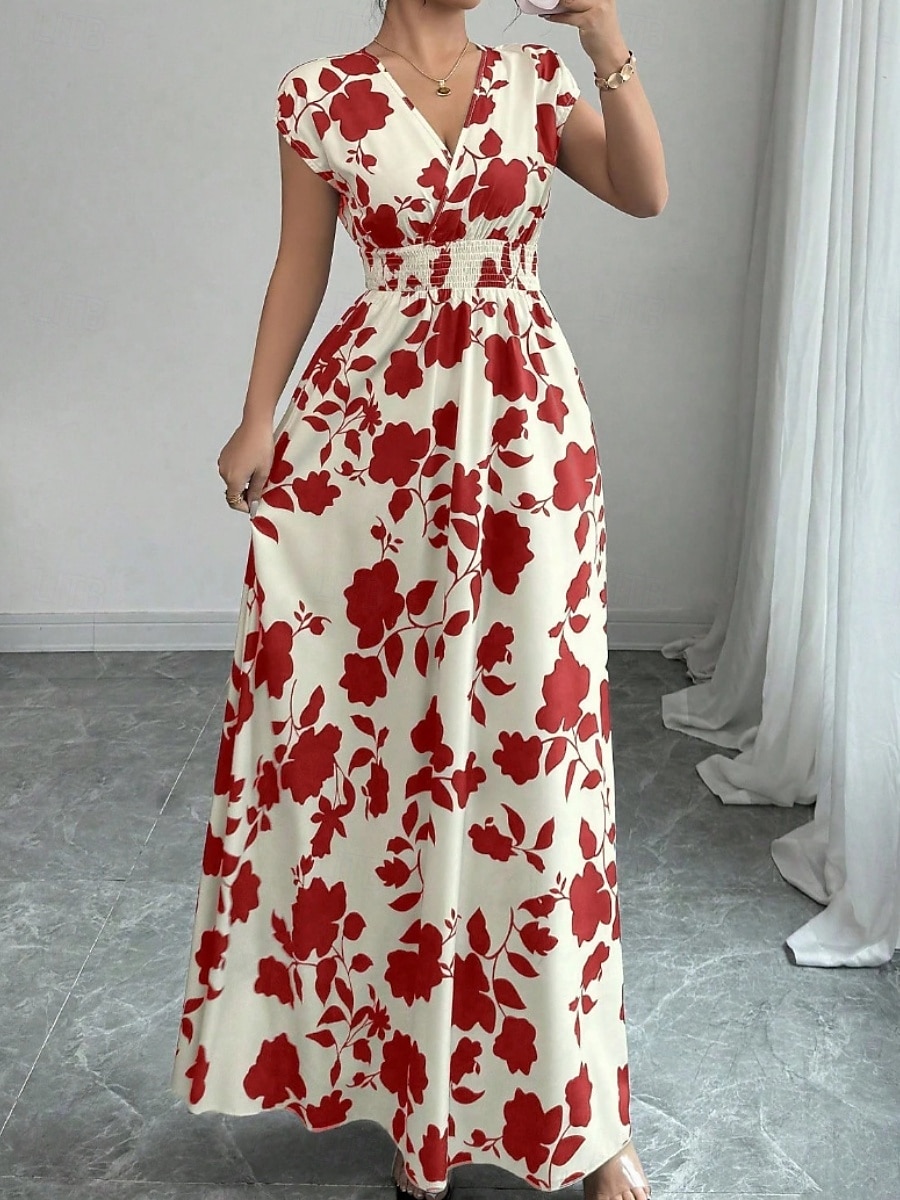 Damskie Sukienka maxi Sukienka A line Urlop Codzienny Boho Na zewnątrz Wyjściowe Luźny / a Kwiaty Krótki rękaw W serek Czarny Czerwony Niebieski Pomarańczowy Lato 2025 - $24.99 –P12