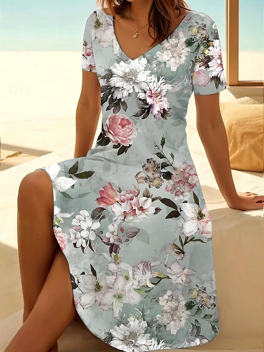Damen Minikleid T-Shirt-Kleid Sommerkleid A Linie Kleid Urlaub Lässig Boho Ausgehen Strand Normale Passform Blumen Grafik Kurzarm V Ausschnitt Schwarz Hellgrün Blau Grün Sommer Frühling 2025 - $23.99 –P3