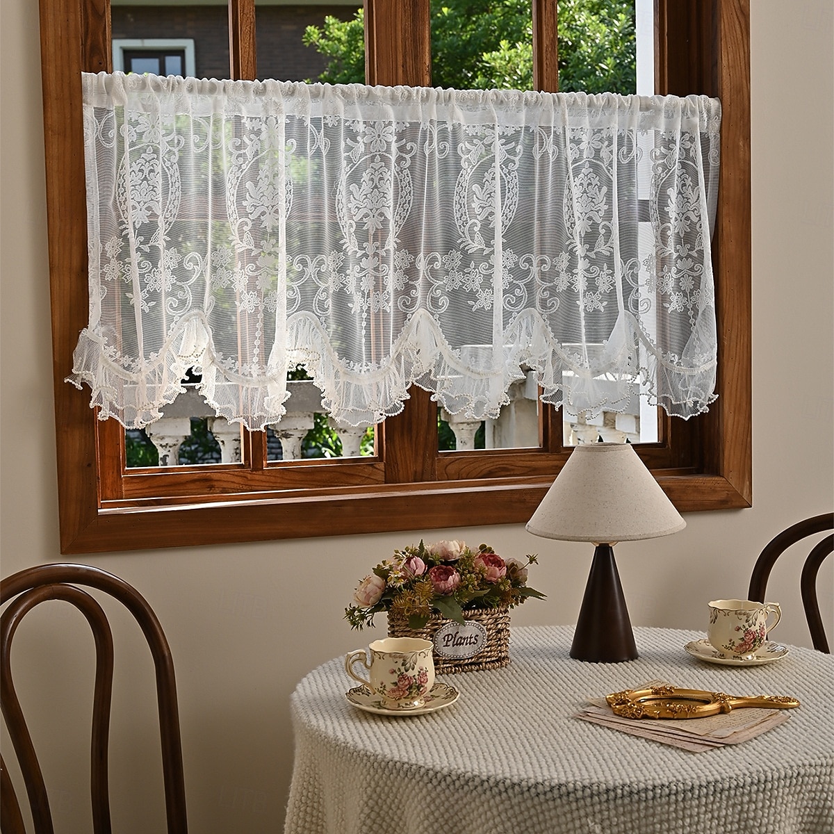 Lace Ruffled Kitchen Short Curtain Valance Vintage Floral Embroidered Short Sheer Cafe Curtain for Kitchen Window Rod Pocket Scalloped Bottom Beaded Sheer Valance1 Panel 2026 - $10.99 –P18