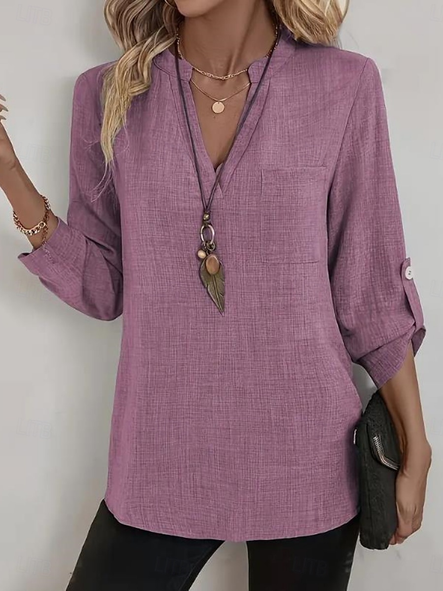 Femmes Chemises en coton et lin Couleur Unie Élégant Occasionnel manche longue Col en V Hauts Réguliers Quotidien Boutons Bleu Violet Vert Kaki Beige Été Printemps de 2025 ? $16.99 –P7