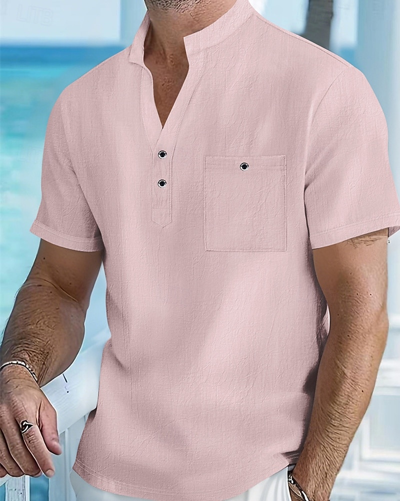 Homme Chemise Chemise en lin Chemise popover Chemise Décontractée Chemise en coton Uni Vacances Rue Blanche Jaune Rose dragée Abricot Manche Courte Band Collar Été Vêtement Tenue Avec Poches de 2025 ? $19.99 –P4