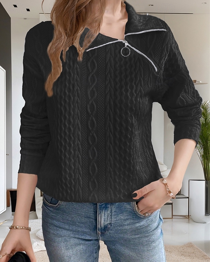 Dame Pullover عادي Gatemote Fritid Behagelig Langermet V-hals Vanlige topper Gate Ferie Ut på byen Halv glidelås Svart Hvit Grå Høst 2025 - $23.99 –P3
