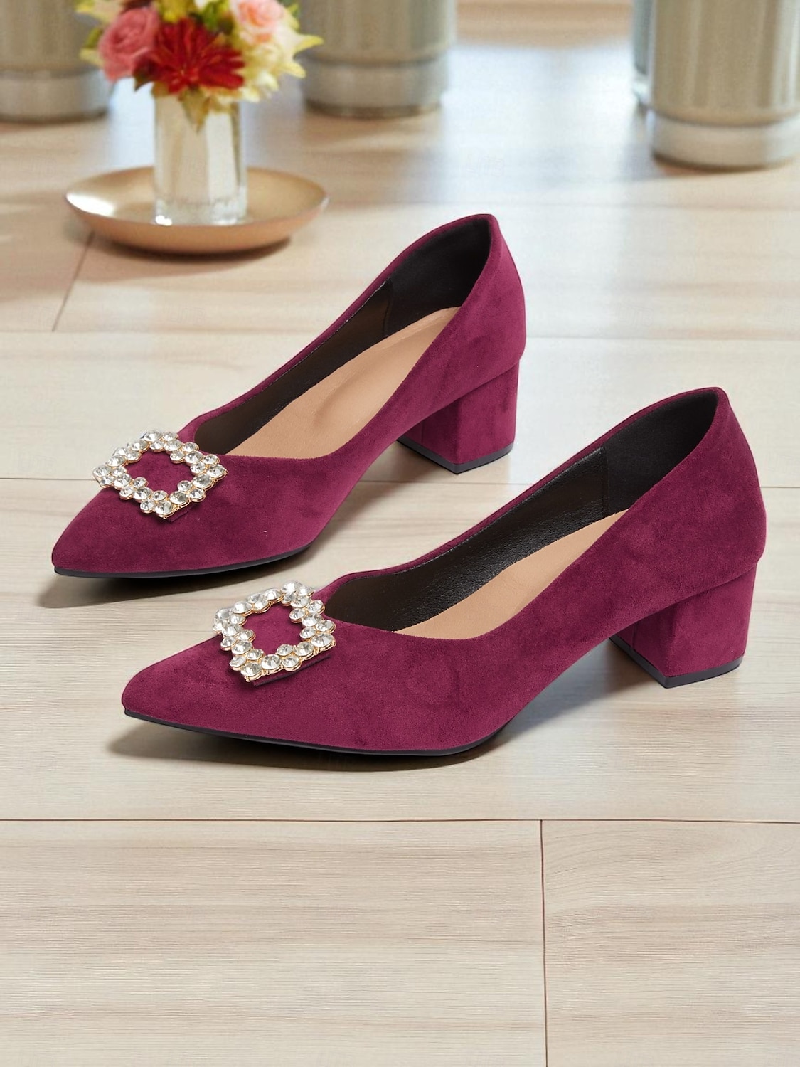 Zapatos de tacón de bloque de ante burdeos para mujer con hebilla de diamantes de imitación: elegantes zapatos de vestir de estilo retro para mujer, ideales para la oficina, bodas y fiestas. 2025 - $34.99 –P3