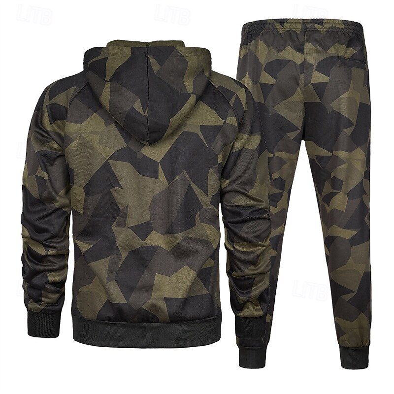 Voor heren Trainingspak Kledingset Truien instellen Capuchon Buiten Dagelijks Sport Zak Trekkoord camouflage blauw Khaki Leger Groen Grafische afdruk Polyester Sportkleding Modieus Streetwear Herfst 2025 - $44.99 –P3