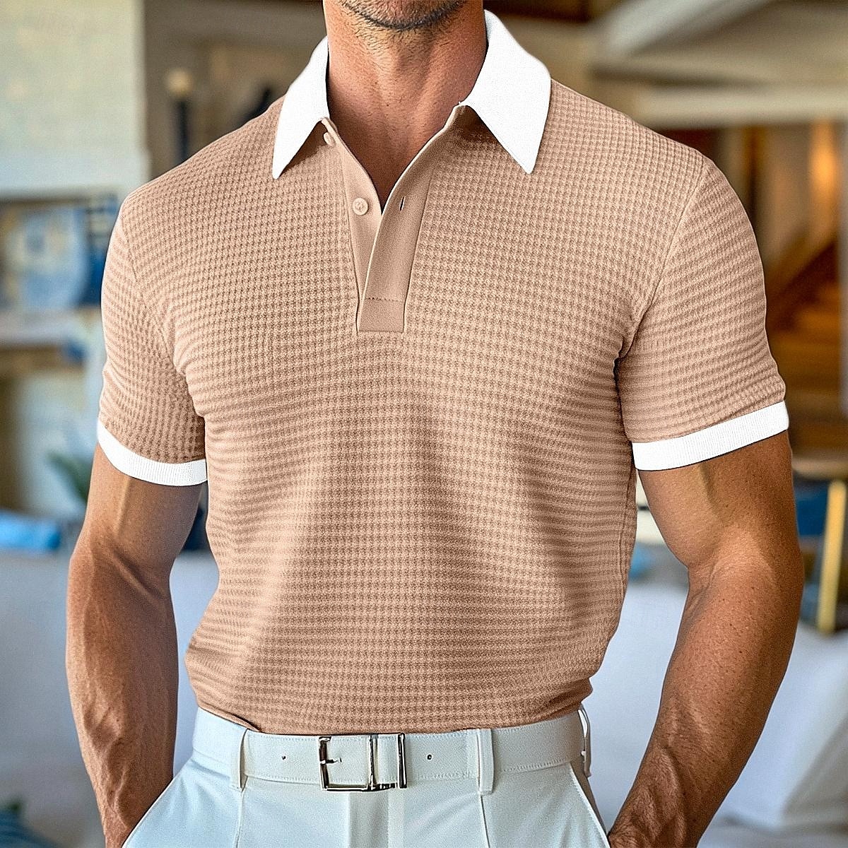 Herre Golf skjorte Vaffelstrikket poloskjorte Virksomhet Avslappet Klassisk Kortermet Mote Moderne Helfarge Knapper Sommer Vår Gul Navyblå Kakifarget Lyseblå Golf skjorte 2025 - $26.99 –P5