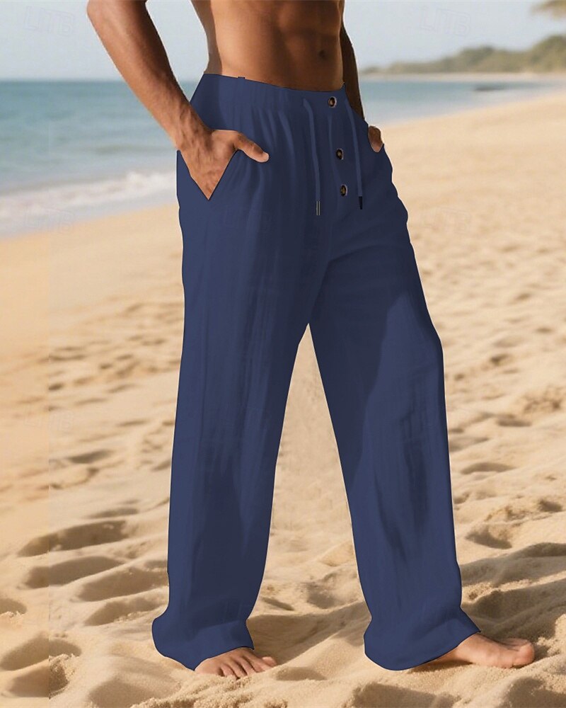 Men's Linen Pants Trousers Summer Pants Beach Pants Pocket Elastic Waist Drawstring Plain Comfort Breathable Vacation Daily Holiday Hawaiian Boho Dark Khaki Black 2025 - $18.99 –P6