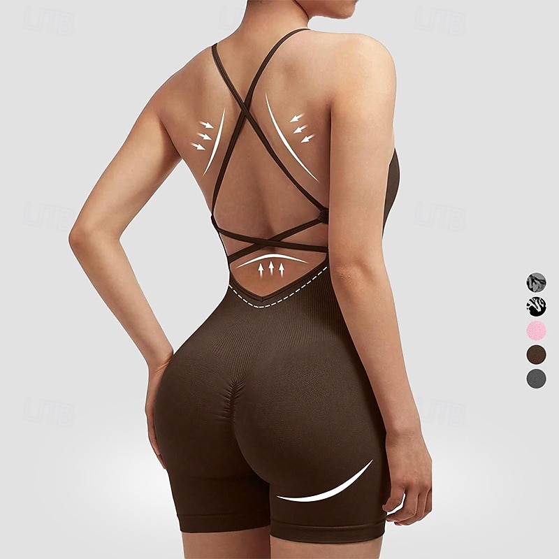 Women's Scrunch Yoga Romper Workout Jumpsuits Backless Solid Color Bodysuit Summer Dark Grey Black Gym Workout Volleyball Running High Waist Tummy Control Stretchy Breathable Sport Activewear Tight 2026 - $22.99 –P11