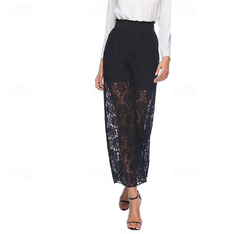 Femmes Jambe large Slacks Streetwear Occasionnel Longueur complète Naturel Uni Dentelle Patchwork Taille Élastique Confortable Fête Sortir Vert translucide Noir Blanche Bleu de minuit Automne Coupe de 2025 ? $16.99 –P4