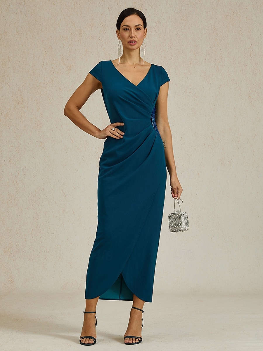 Femmes Robe maxi Robe fourreau Élégant Coupe régulière Couleur Unie Manche Courte Col en V Bleu Encre Été Printemps de 2025 ? $99.99 –P7