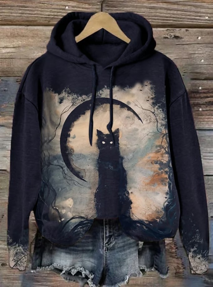 Sudadera con capucha para mujer tipo pullover oversized de manga larga estilo casual gráfica de gato impresión de moda top con capucha regular ropa de calle uso diario cordón impresión negro naranja 2025 - $24.99 –P4